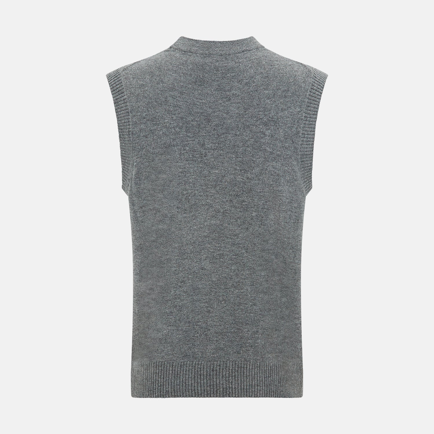 View 3 of product The Turnbull & Asser Ash Grey V-neck Sleeveless Cardigan features a button-up front, two front pockets, and ribbed edges, shown against a plain white background.