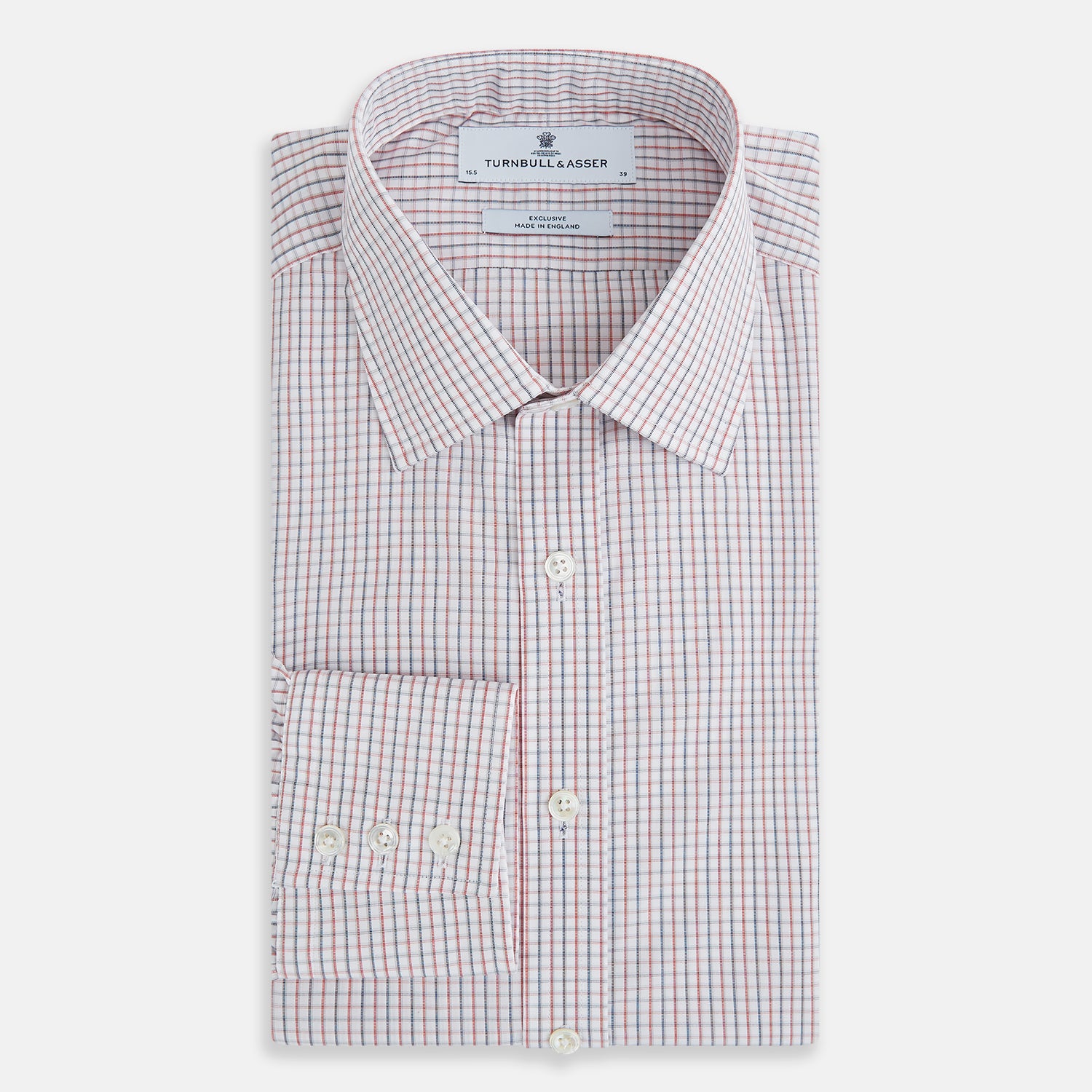 View 5 of product Turnbull & Asser Red and Blue Multi Check Mayfair Shirt with a classic T&A collar in premium Italian cotton, neatly laid flat on a white surface.