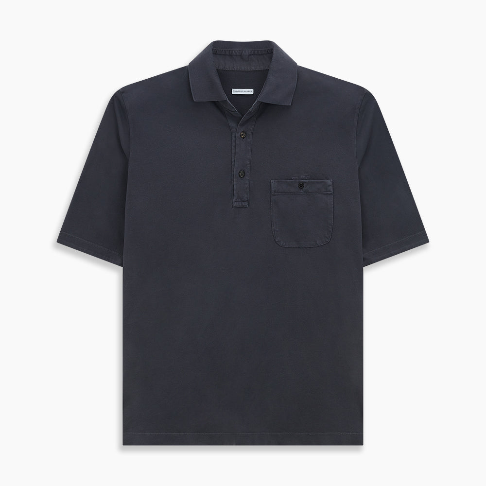 The Turnbull & Asser Charcoal Polo Shirt is a short-sleeve, soft cotton jersey top with a collar, three-button placket, and a left chest pocket, shown on a plain white background.