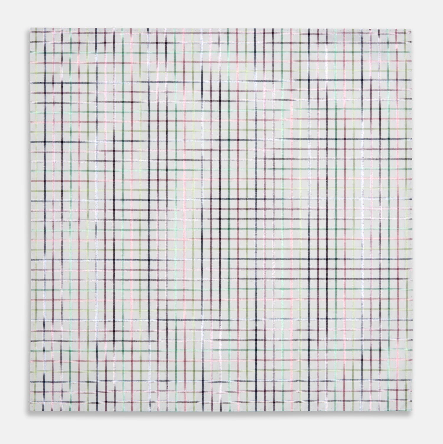 View 1 of product The Turnbull & Asser Green Multi Double Grid Check Hand-Rolled Handkerchief features a white base with thin blue, pink, and green lines forming small squares, finished with elegant hand-rolled edges.