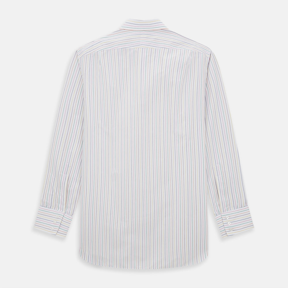 The Turnbull & Asser Rainbow Double Pinstripe Mayfair Shirt is a pure cotton, long-sleeved button-up with a collar and buttoned cuffs, featuring colourful blue, red, and yellow stripes on white, displayed on a plain white background.