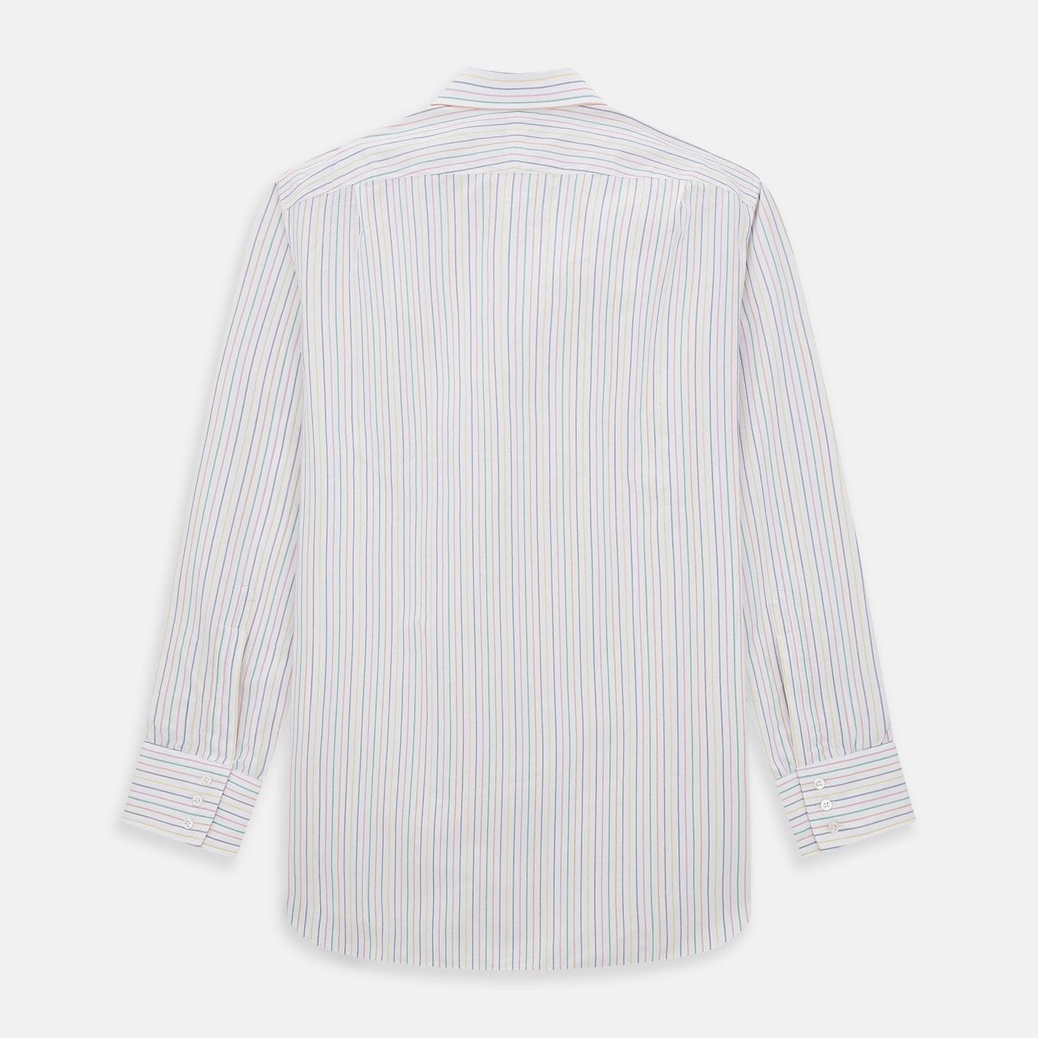View 3 of product The Turnbull & Asser Rainbow Double Pinstripe Mayfair Shirt is a pure cotton, long-sleeved button-up with a collar and buttoned cuffs, featuring colourful blue, red, and yellow stripes on white, displayed on a plain white background.