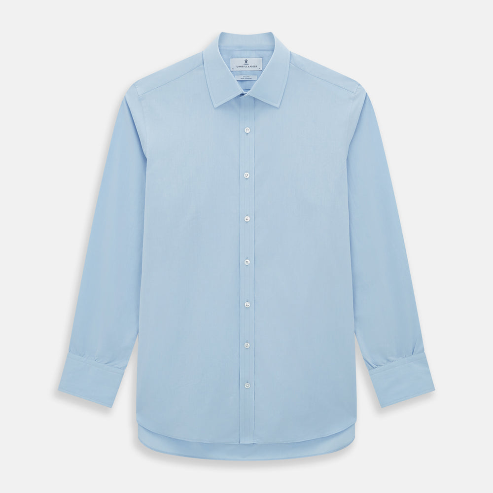 The Turnbull & Asser Sky Blue Mayfair Shirt is a long-sleeved, collared button-down made from sanforised cotton, shown laid flat on a white background.