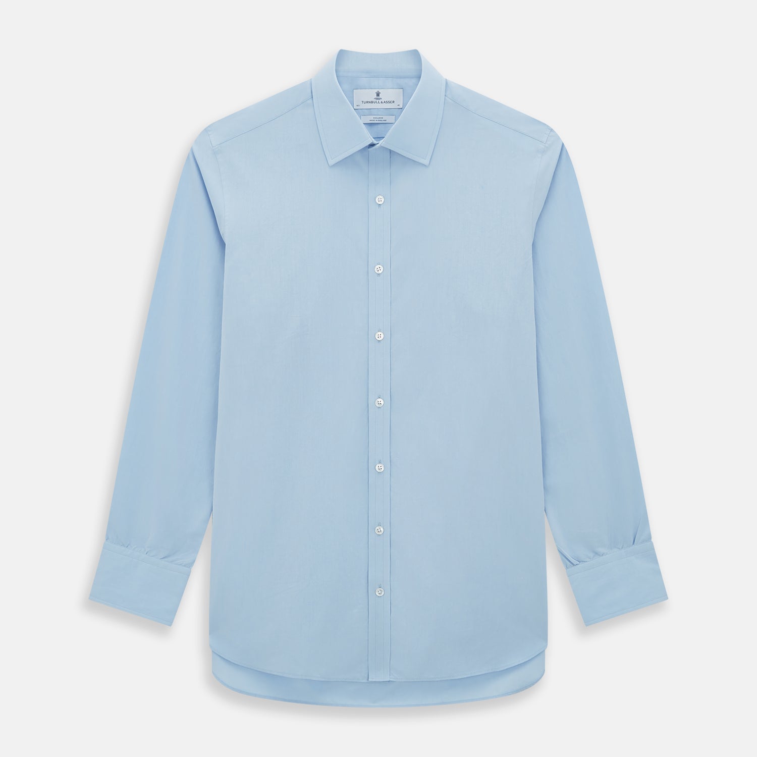 View 1 of product The Turnbull & Asser Sky Blue Mayfair Shirt is a long-sleeved, collared button-down made from sanforised cotton, shown laid flat on a white background.
