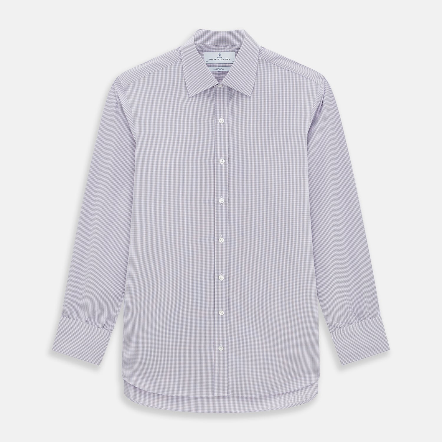 View 1 of product The Turnbull & Asser Purple Micro Check Mayfair Shirt features long sleeves, button-up front, pointed collar, and buttoned cuffs in a subtle lilac and white check, exemplifying British craftsmanship and displayed on a white background.