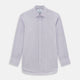 The Turnbull & Asser Purple Micro Check Mayfair Shirt features long sleeves, button-up front, pointed collar, and buttoned cuffs in a subtle lilac and white check, exemplifying British craftsmanship and displayed on a white background.