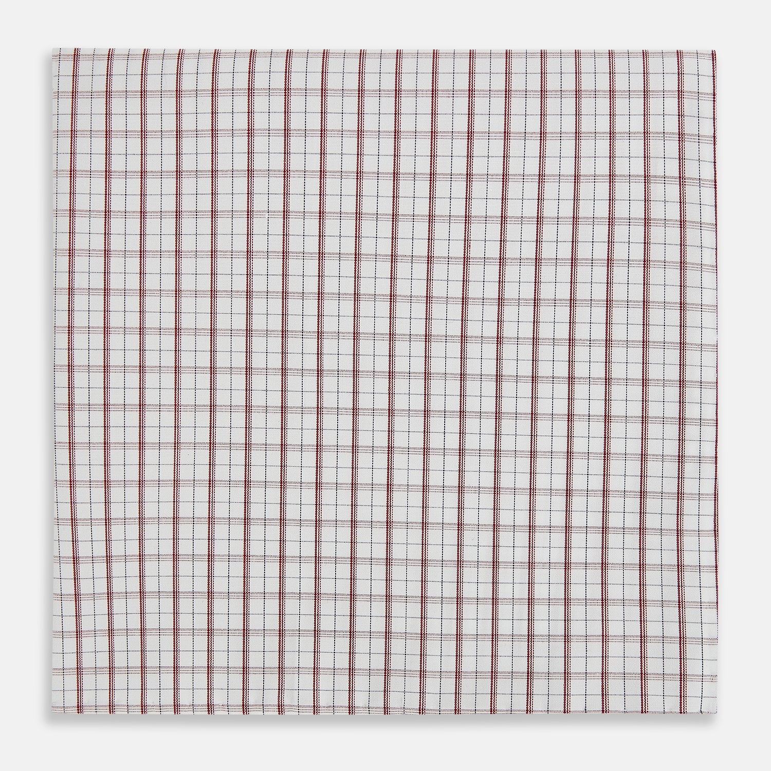 View 3 of product The Turnbull & Asser Red Tattersall Check Hand-Rolled Handkerchief features thin red and blue grid lines on white, laid flat in a rectangular shape and expertly crafted in England.