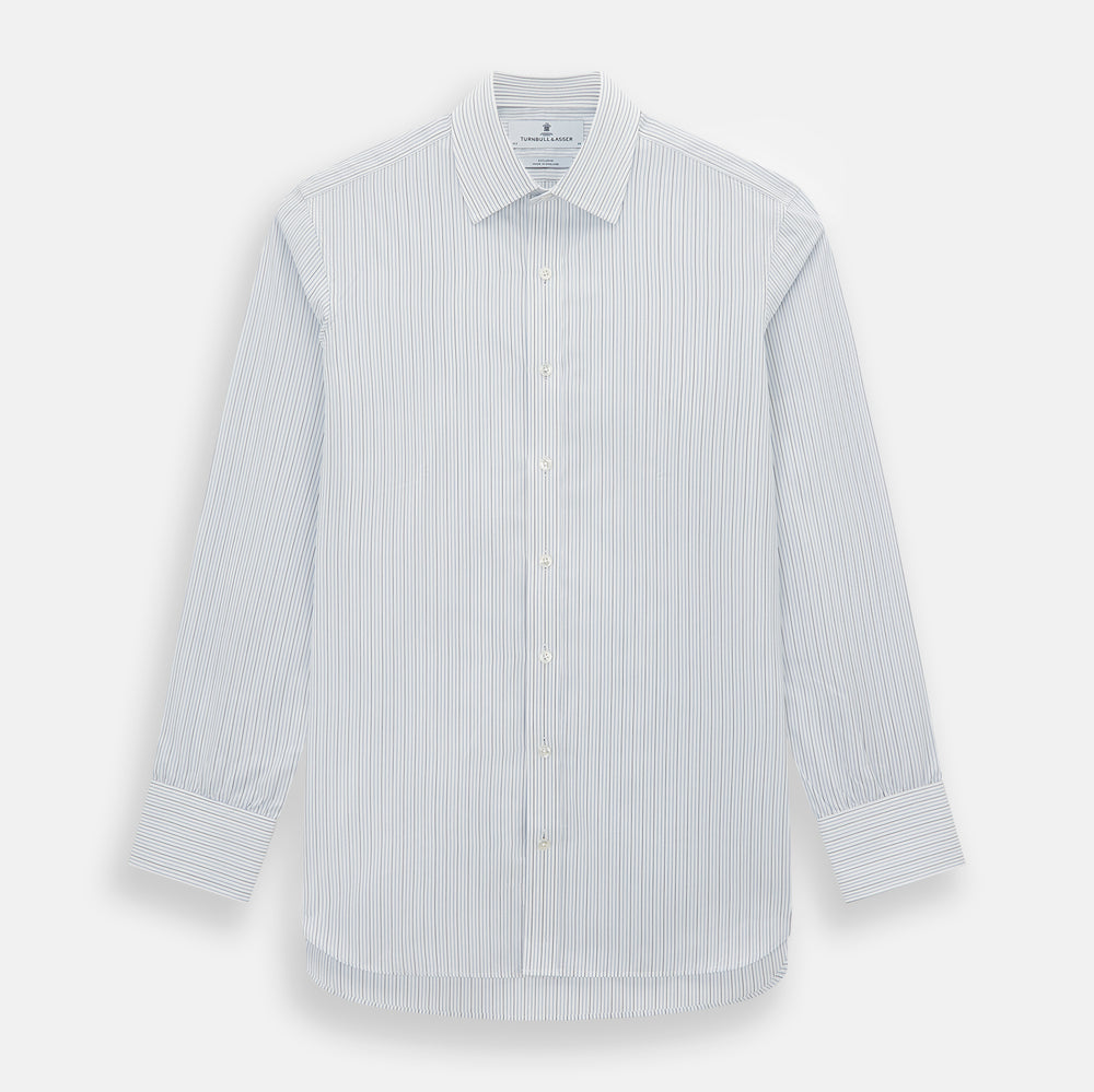 The Navy and Blue Pinstripe Mayfair Shirt by Turnbull & Asser, featuring a classic collar and crafted from premium Italian cotton, is shown against a white background.