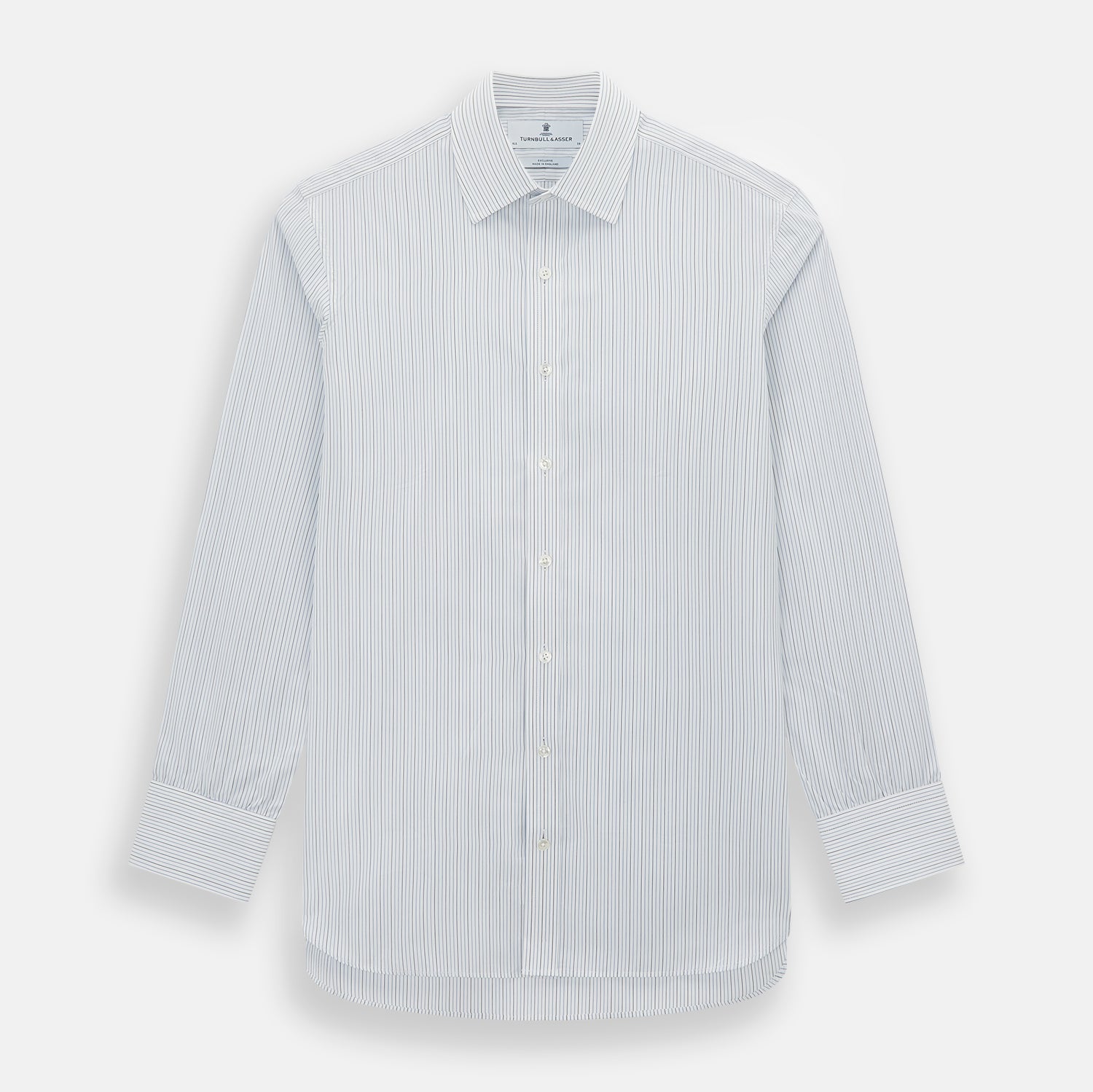 View 1 of product The Navy and Blue Pinstripe Mayfair Shirt by Turnbull & Asser, featuring a classic collar and crafted from premium Italian cotton, is shown against a white background.
