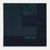 View 1 of product A Navy and Petrol Green Stripe Silk Pocket Square by Turnbull & Asser, featuring thin petrol green stripes and "Turnbull & Asser Hand Printed in England" in the bottom right corner. One corner is folded to display hand-rolled edges.