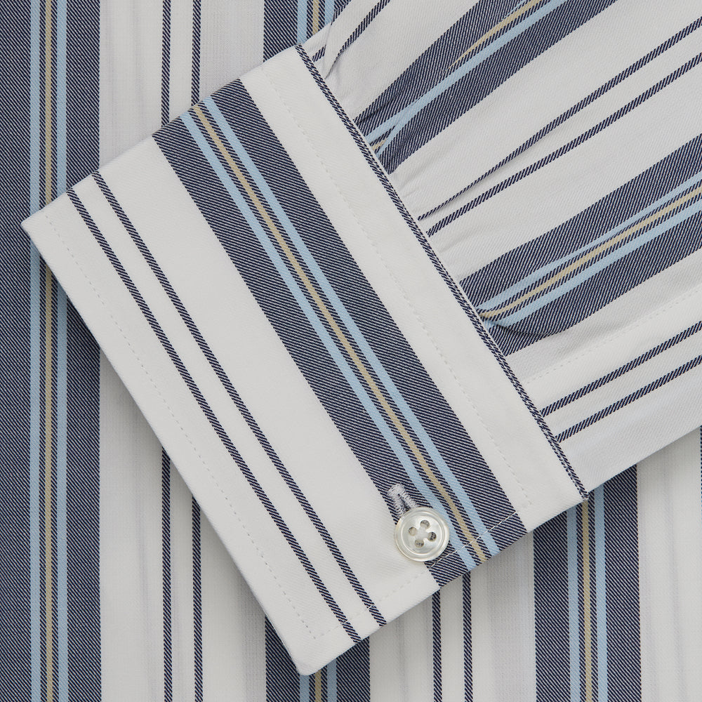The Turnbull & Asser Blue, Green & White Stripe Weekend Fit Shirt features a Derby collar, 1-button cuffs, and a classic striped design—ideal for winter layering. Displayed on a plain white background.