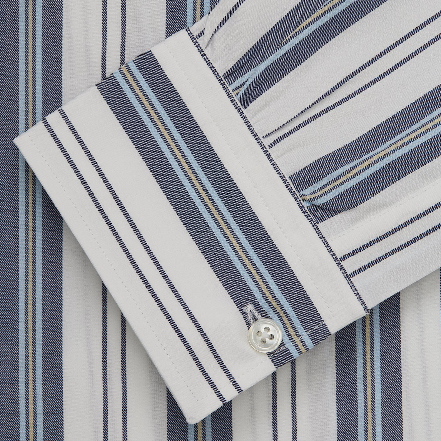 View 5 of product The Turnbull & Asser Blue, Green & White Stripe Weekend Fit Shirt features a Derby collar, 1-button cuffs, and a classic striped design—ideal for winter layering. Displayed on a plain white background.