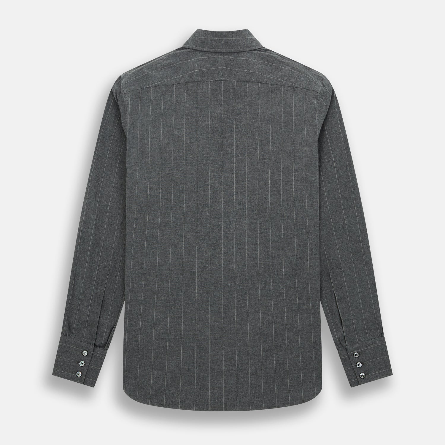 View 3 of product The Charcoal Melange Wide Stripe Westminster Shirt from Turnbull & Asser features long sleeves, a tailored fit, pointed collar, buttoned cuffs, and subtle wide stripes, shown laid flat on a white background.