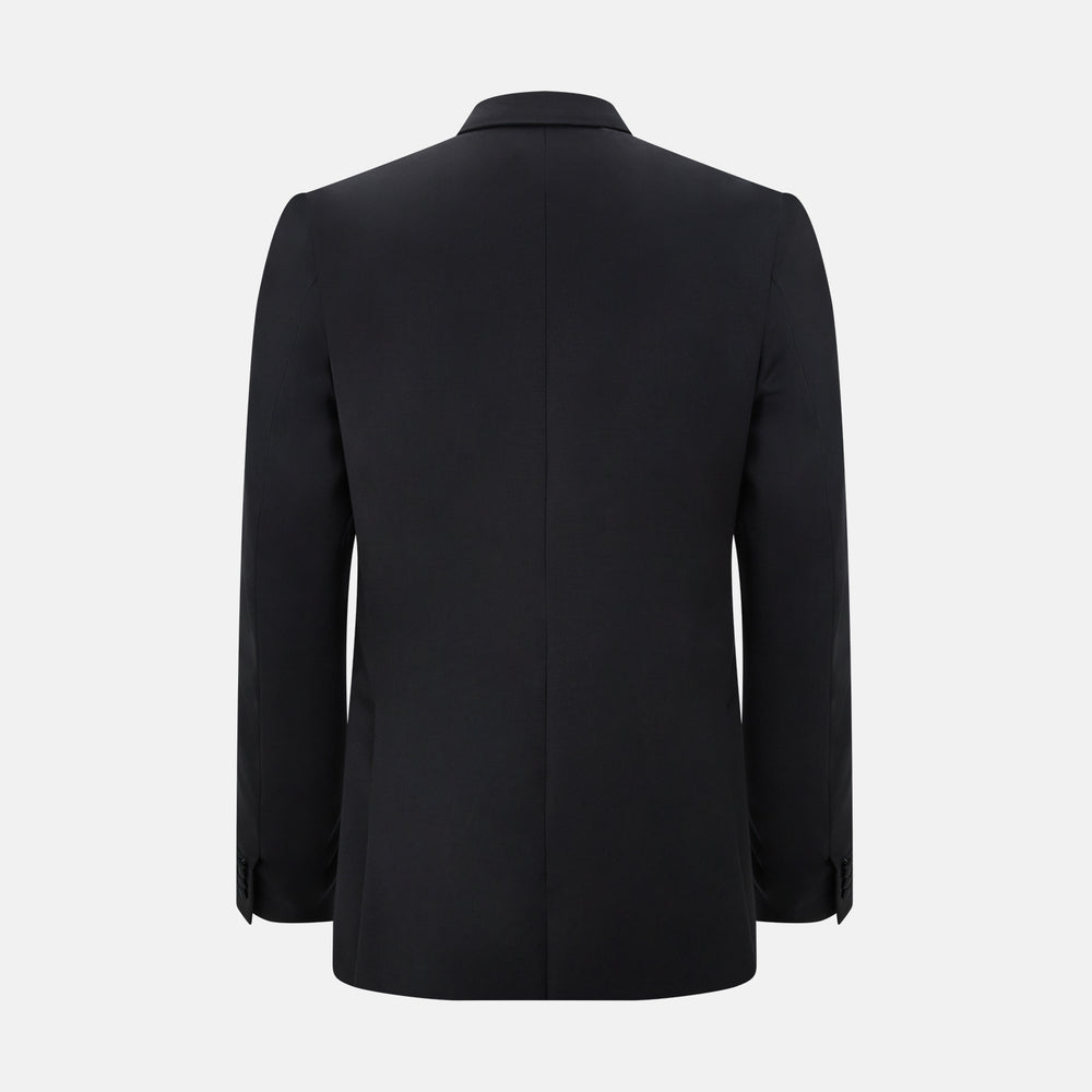 The Turnbull & Asser Black Single Breasted Dinner Suit features fine wool, a satin shawl collar jacket, and matching trousers—perfect formal wear, shown on a plain white background.
