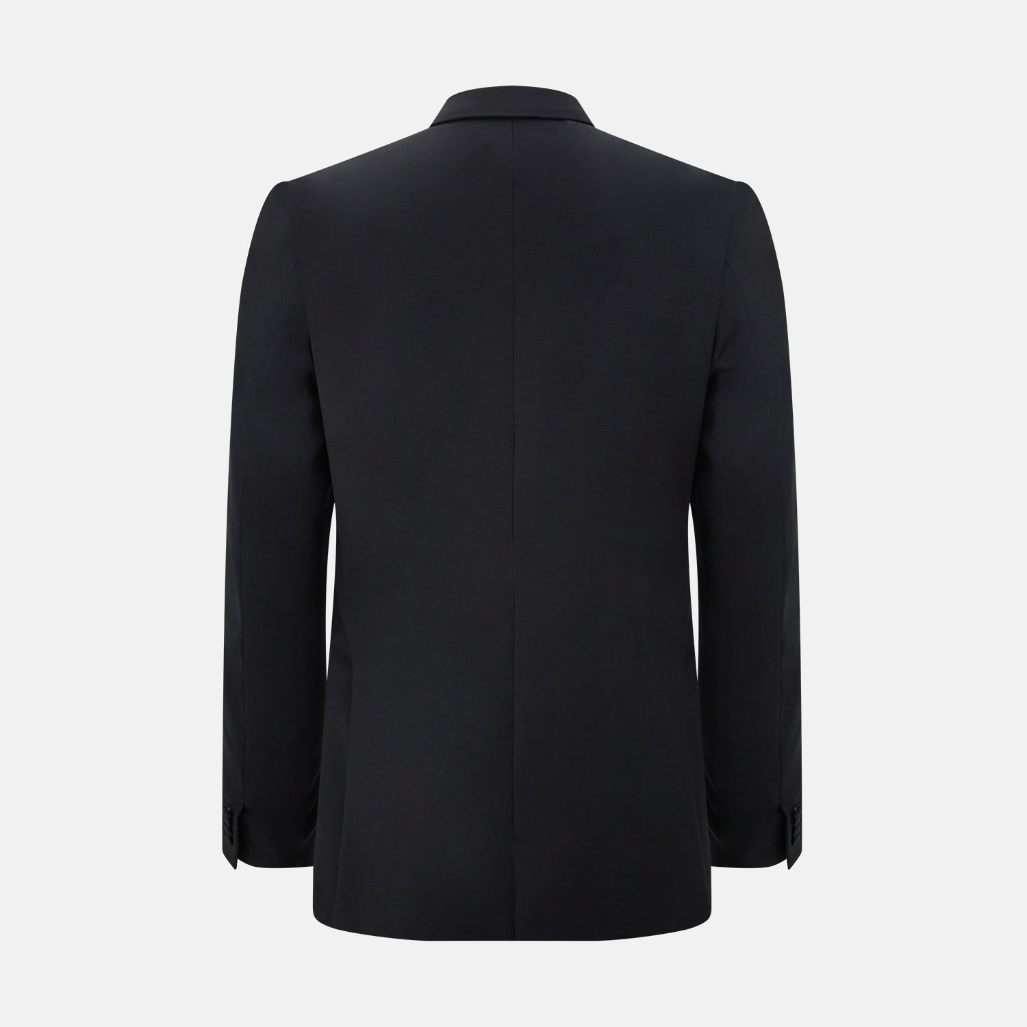 View 5 of product The Turnbull & Asser Black Single Breasted Dinner Suit features fine wool, a satin shawl collar jacket, and matching trousers—perfect formal wear, shown on a plain white background.