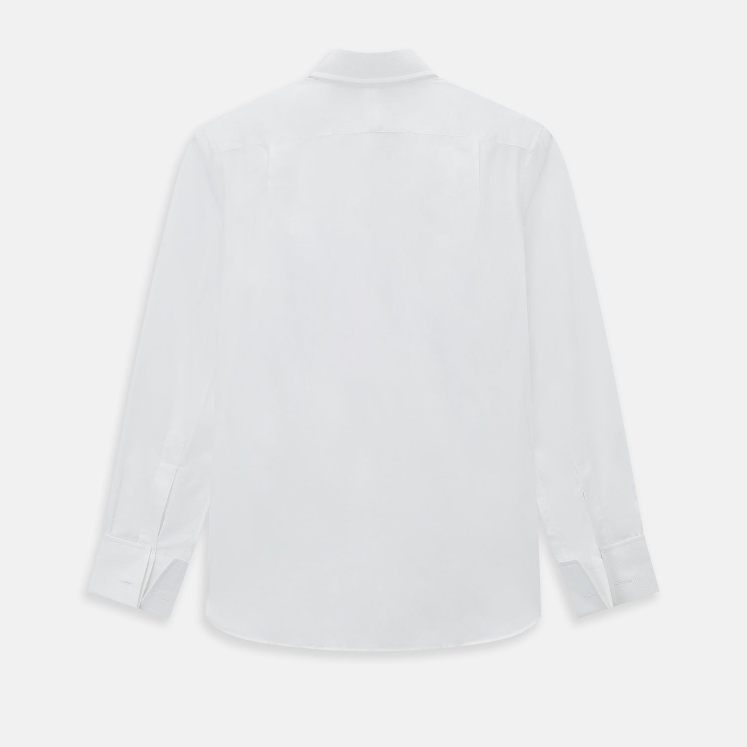View 3 of product The Turnbull & Asser Tailored Fit White Marcella Front Shirt features a Kent Collar and double cuffs, shown laid flat on a white background. Perfect as a black tie shirt for formal events.
