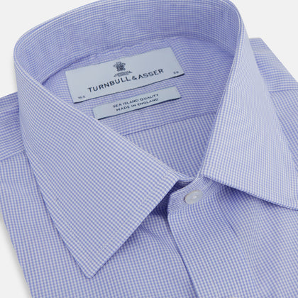 Blue Fine Check Sea Island Quality Cotton Shirt with T&A Collar and 3-Button Cuffs Image 1