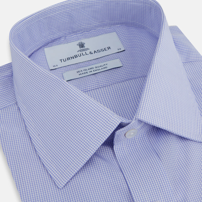 Blue Fine Check Sea Island Quality Cotton Shirt with T&A Collar and 3-Button Cuffs Image 1