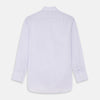 View 5 of product The Turnbull & Asser Soft Lilac Stripe Cotton Regular Fit Mayfair Shirt features a classic collar, cuffed long sleeves, and subtle vertical stripes, shown on a plain white background.