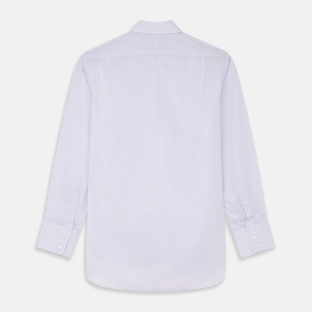The Turnbull & Asser Soft Lilac Stripe Cotton Regular Fit Mayfair Shirt features a classic collar, cuffed long sleeves, and subtle vertical stripes, shown on a plain white background.