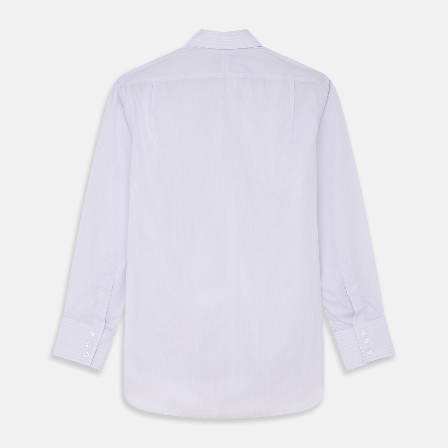 View 5 of product The Turnbull & Asser Soft Lilac Stripe Cotton Regular Fit Mayfair Shirt features a classic collar, cuffed long sleeves, and subtle vertical stripes, shown on a plain white background.