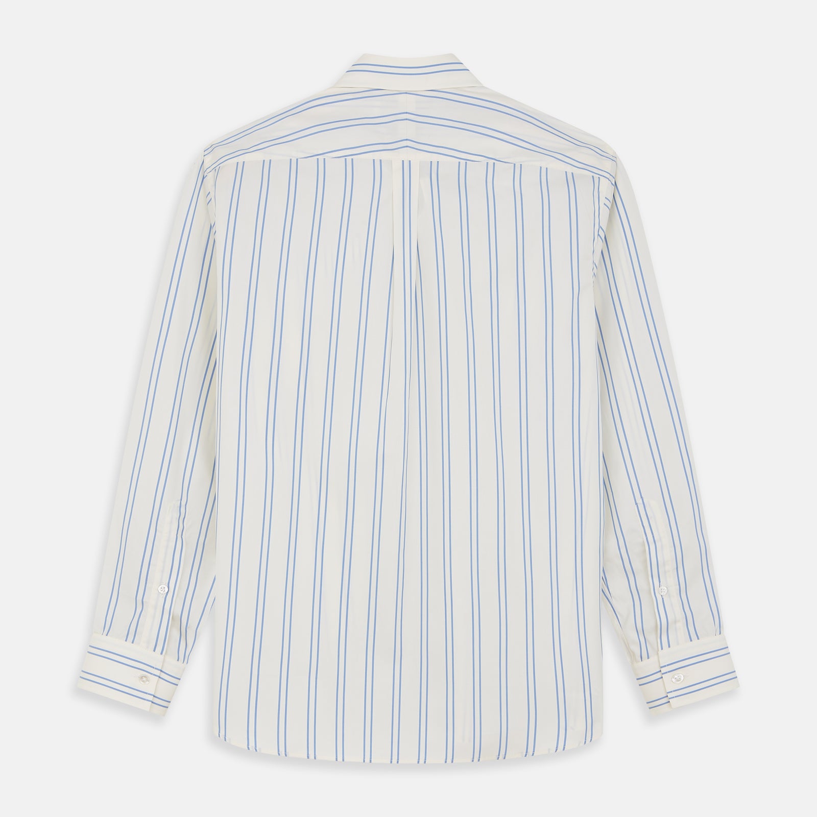 View 6 of product A man with short brown hair stands against a beige background in a Turnbull & Asser Blue and Off-White Stripe Cotton Weekend Fit Finch Shirt, featuring vertical stripes and a Derby collar, paired with dark pants. One hand is in his pocket; he has a neutral expression.