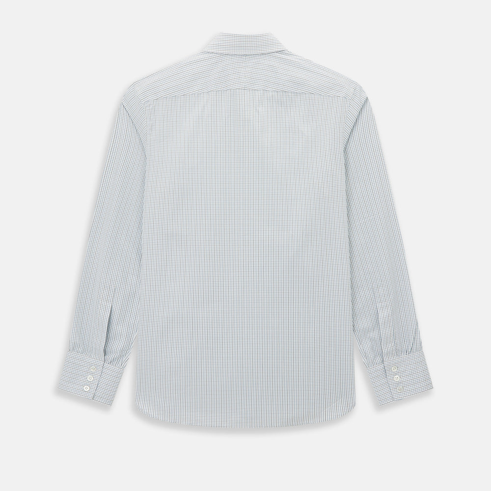 The Pale Blue and Navy Grid Check Westminster Shirt by Turnbull & Asser features a button-down front and pointed collar, highlighting fine British craftsmanship, displayed on a white background.