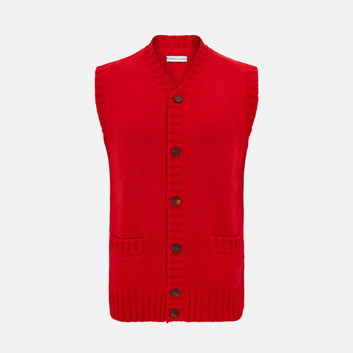 Red Merino V-Neck Sleeveless Cardigan
