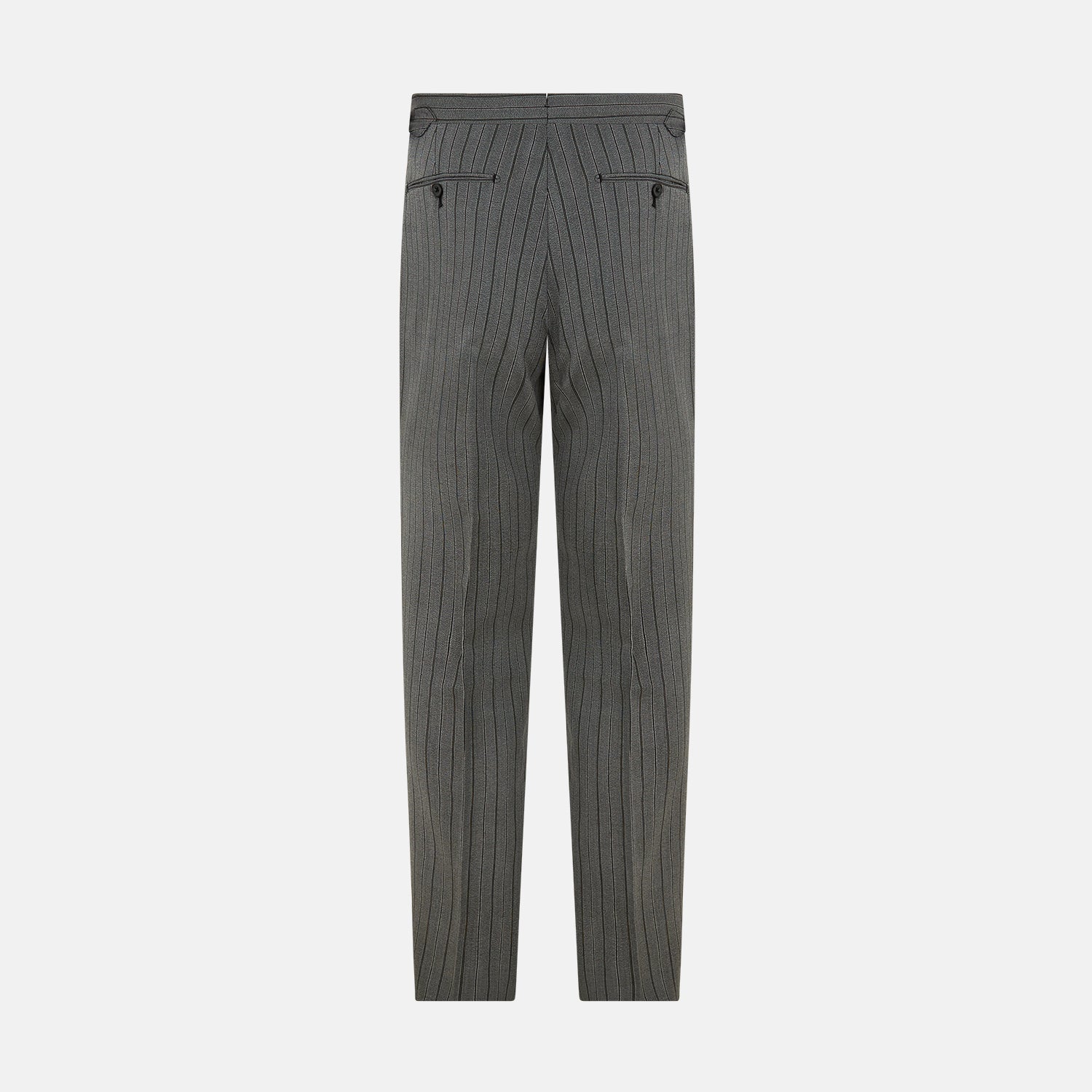 View 3 of product The Grey Multi Pinstripe Morning Dress Trousers by Turnbull & Asser feature a tailored fit, vertical black pinstripes, and a flat front design—ideal for formal wear. Shown against a plain white background.