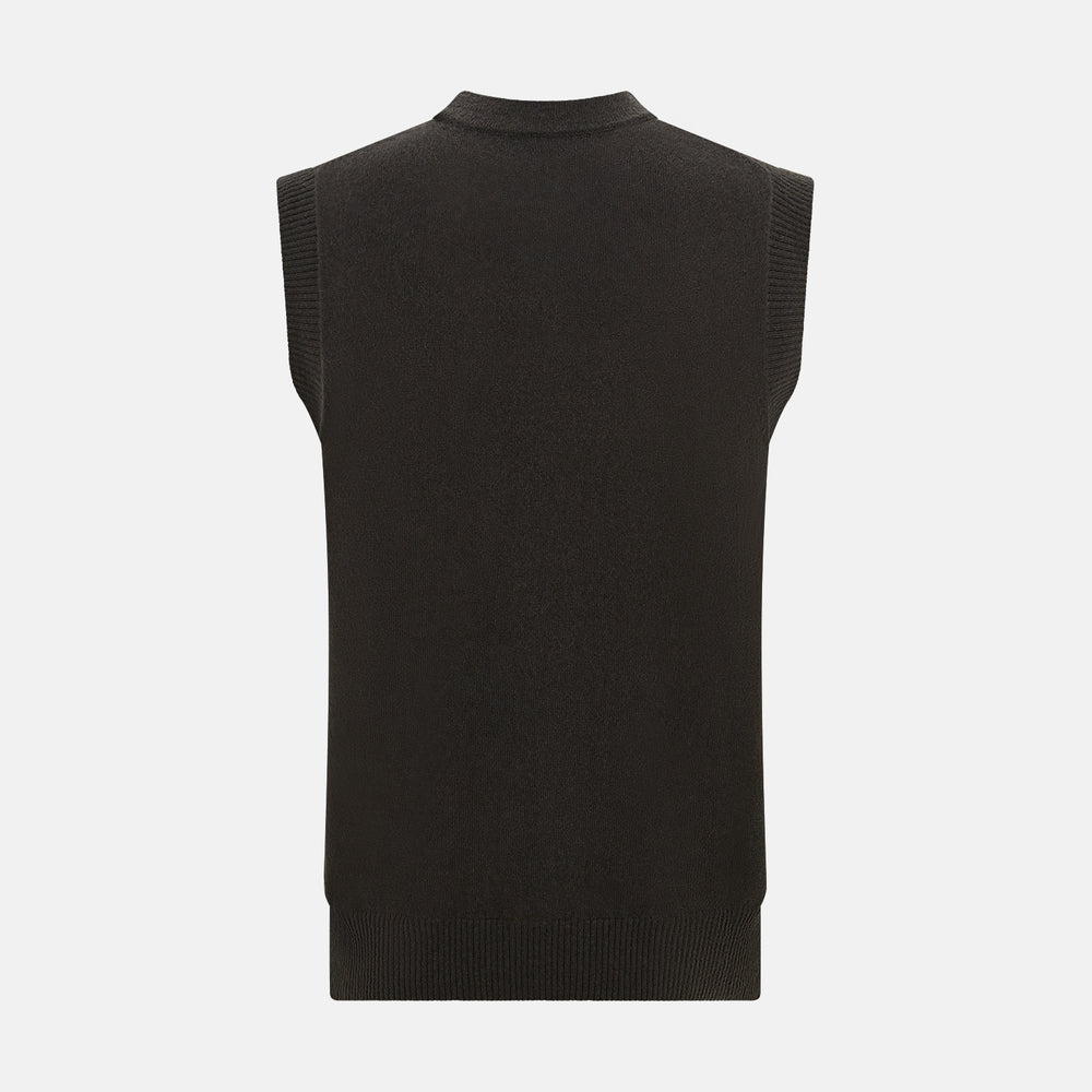 The Turnbull & Asser Dark Brown Cashmere Sleeveless Cardigan has a V-neck, button-up front, two front pockets, and ribbed trim on the armholes and hem, shown against a plain white background.