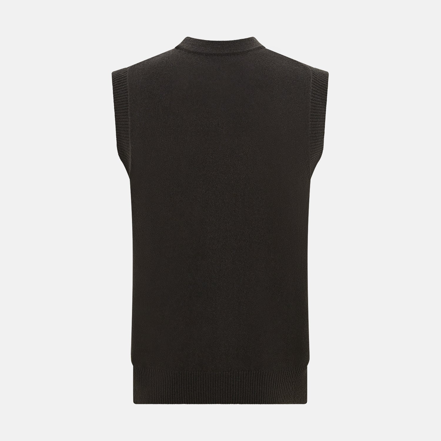 View 3 of product The Turnbull & Asser Dark Brown Cashmere Sleeveless Cardigan has a V-neck, button-up front, two front pockets, and ribbed trim on the armholes and hem, shown against a plain white background.