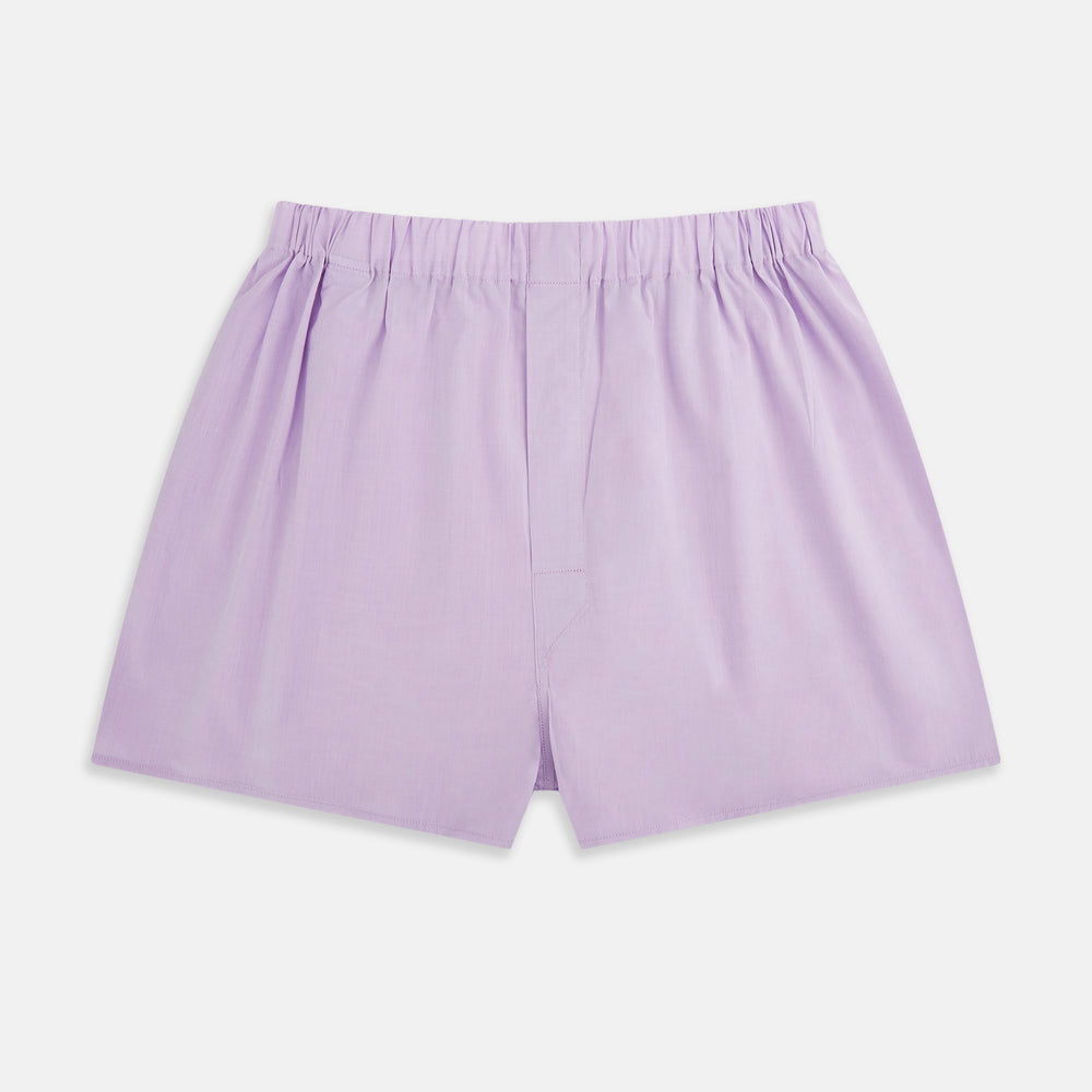 Turnbull & Asser Plain Lilac Godfrey Boxer Shorts, crafted from Italian cotton with a loose fit and elastic waistband, are displayed flat on a white background—offering a simple design suited to the modern gentleman.