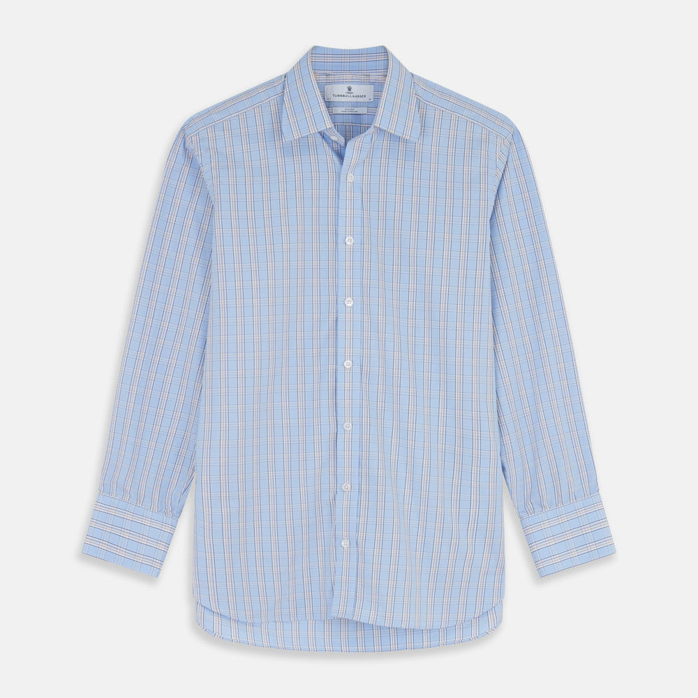 Close-up of Turnbull & Asser's Pale Blue Multi-check Cotton Fabric, featuring thin orange and dark blue lines, shown in a circular frame on a white background.