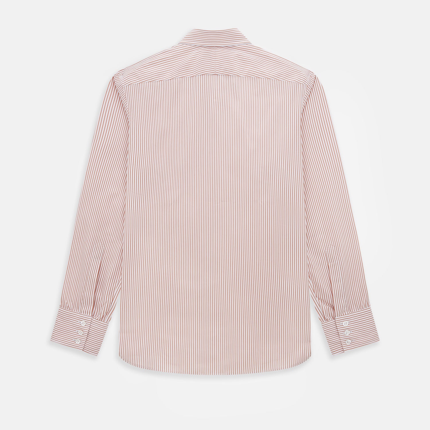 View 3 of product The Orange Multi Stripe Westminster Shirt by Turnbull & Asser features thin vertical orange and white stripes, a Turnbull collar, and long sleeves, elegantly displayed flat against a white background.