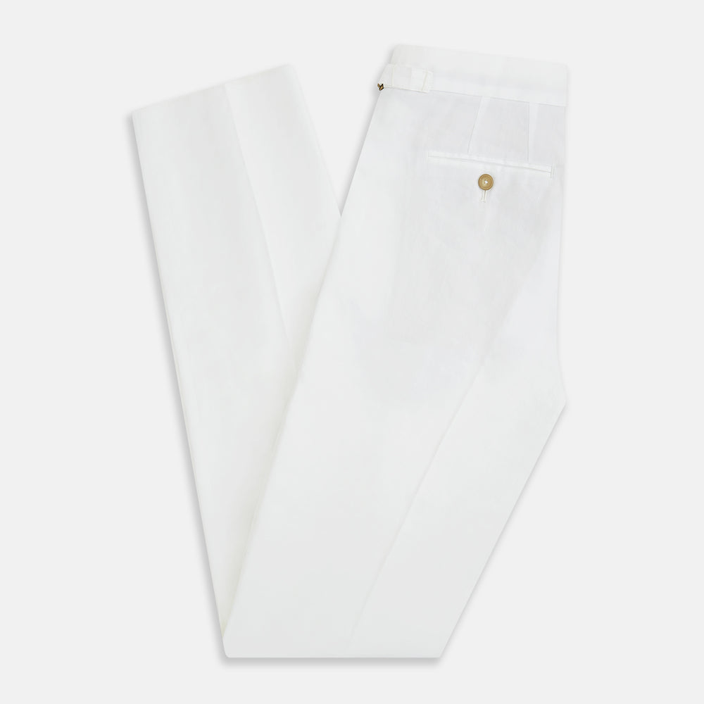 Turnbull & Asser White Linen Henry Trousers, featuring a straight-leg cut with front button and zip closure, are displayed against a plain white background.