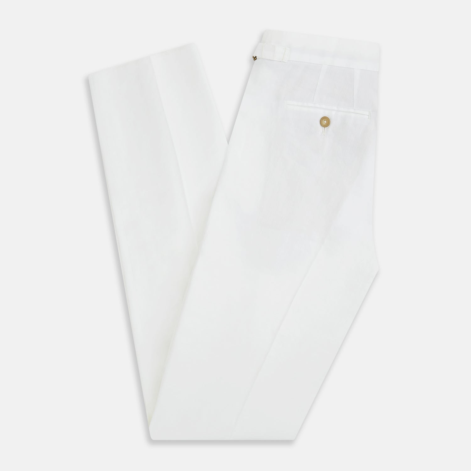 View 6 of product Turnbull & Asser White Linen Henry Trousers, featuring a straight-leg cut with front button and zip closure, are displayed against a plain white background.