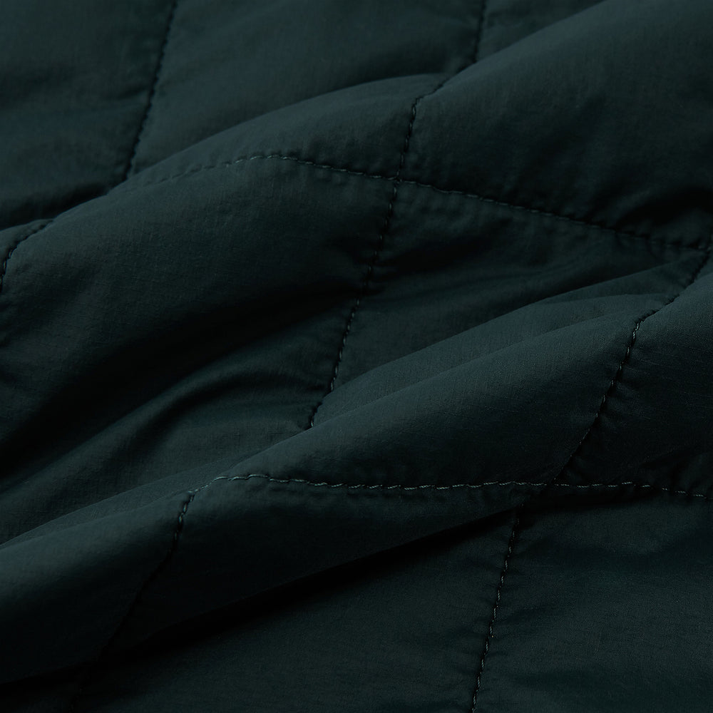The Turnbull & Asser Battersea Forest Green Quilted Jacket for men features a front zipper, collared neckline, angled chest pocket, two zippered side pockets, and adjustable snap cuffs—shown on a plain white background.