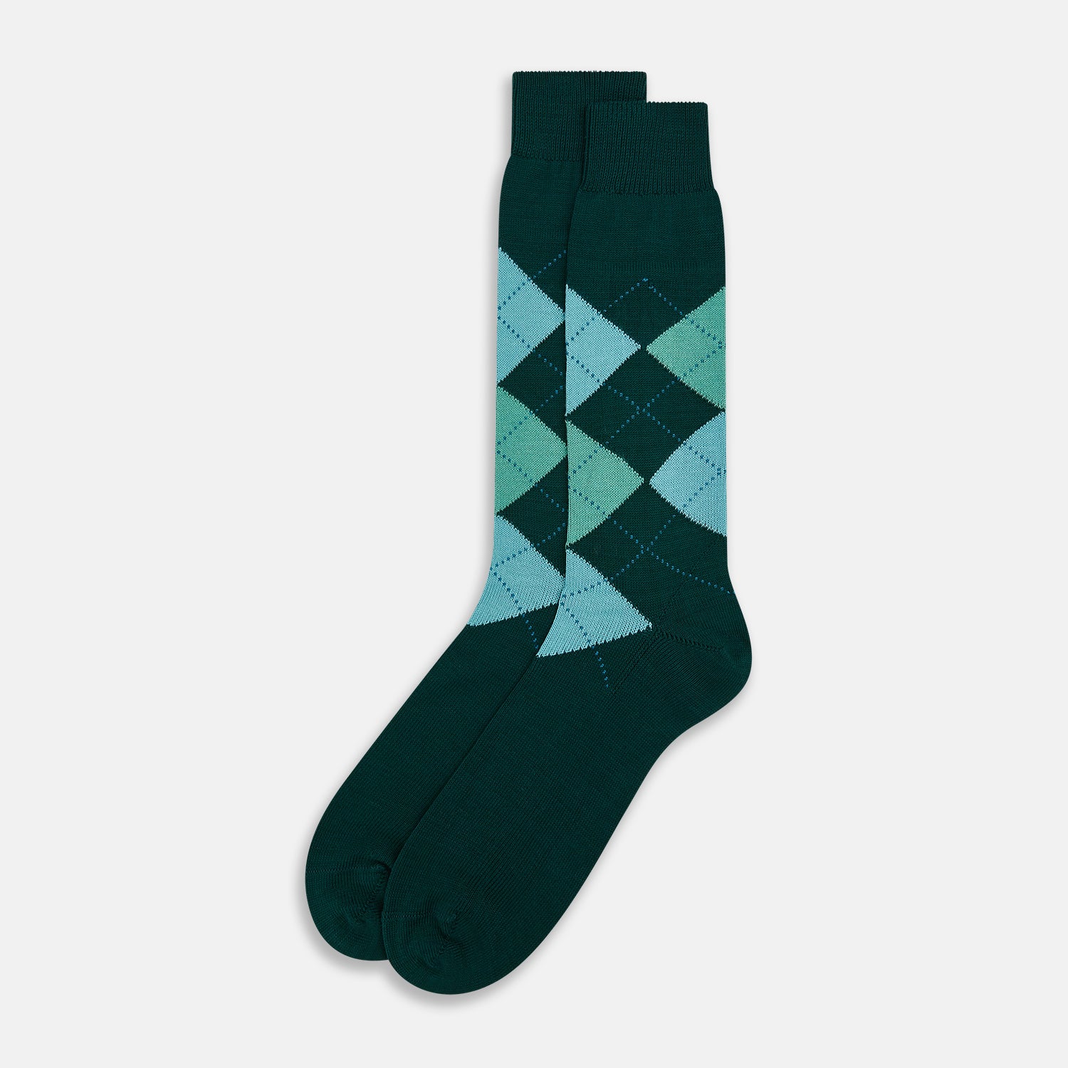 View 2 of product The Olive Check Mid-Length Socks by Turnbull & Asser, crafted from comfortable cotton in dark green with blue and light green argyle patterns, are shown on a plain white background—ideal for adding stylish flair to your sock collection.