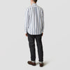 View 3 of product The Turnbull & Asser Blue, Green & White Stripe Weekend Fit Shirt features a Derby collar, 1-button cuffs, and a classic striped design—ideal for winter layering. Displayed on a plain white background.