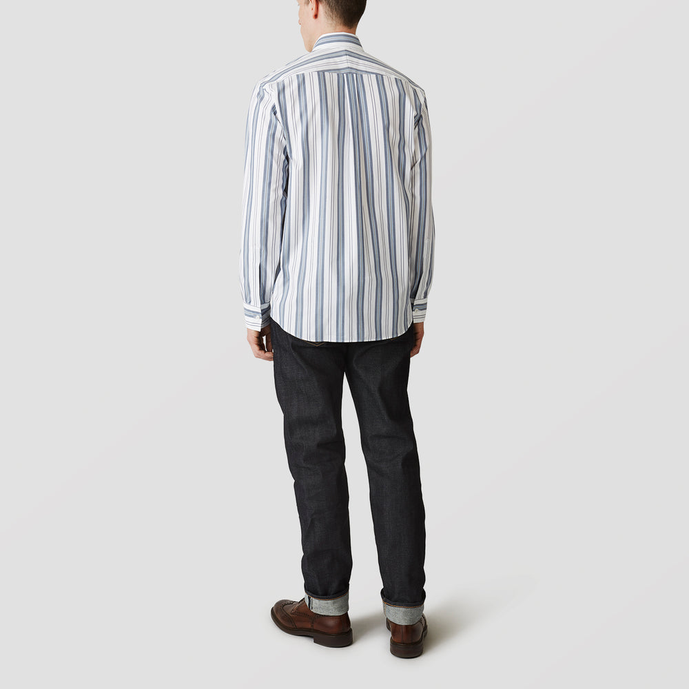 The Turnbull & Asser Blue, Green & White Stripe Weekend Fit Shirt features a Derby collar, 1-button cuffs, and a classic striped design—ideal for winter layering. Displayed on a plain white background.
