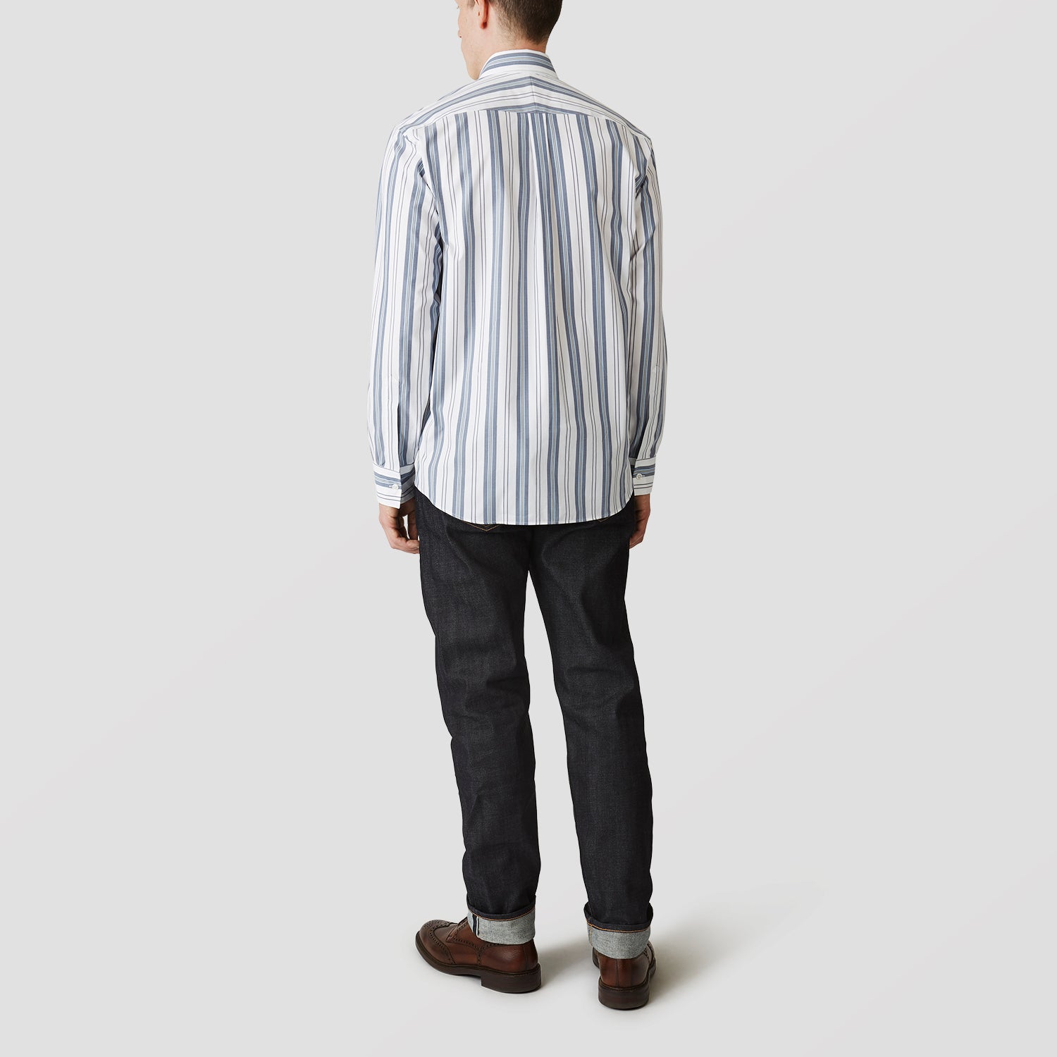 View 3 of product The Turnbull & Asser Blue, Green & White Stripe Weekend Fit Shirt features a Derby collar, 1-button cuffs, and a classic striped design—ideal for winter layering. Displayed on a plain white background.