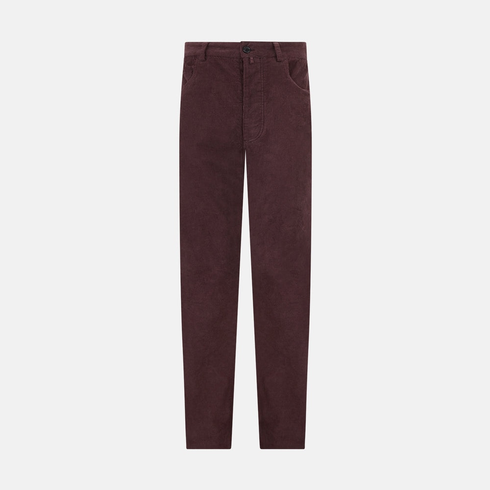 The Turnbull & Asser Burgundy Corduroy Charles Trousers are straight-leg stretch cotton pants in dark burgundy, featuring side and back pockets, shown against a plain white background.