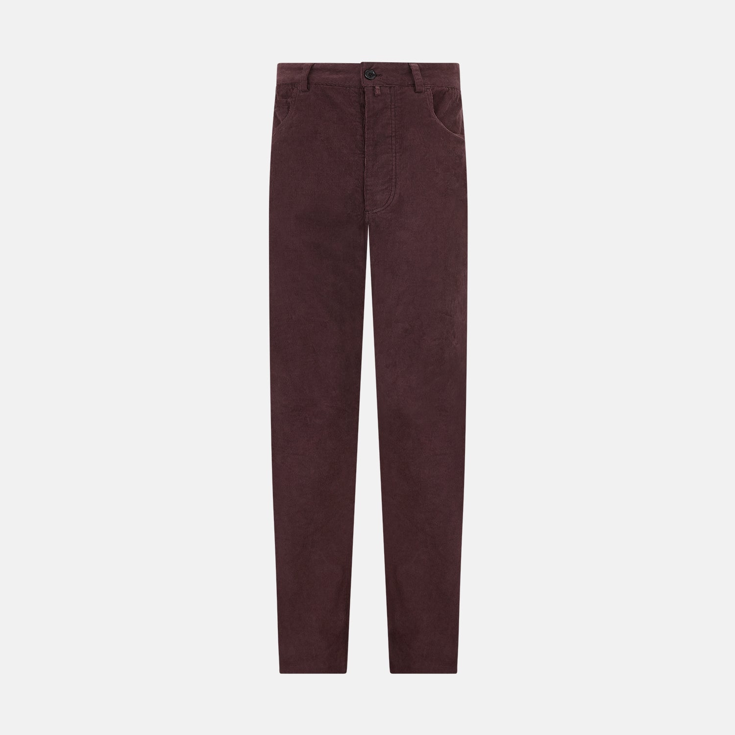 View 1 of product The Turnbull & Asser Burgundy Corduroy Charles Trousers are straight-leg stretch cotton pants in dark burgundy, featuring side and back pockets, shown against a plain white background.
