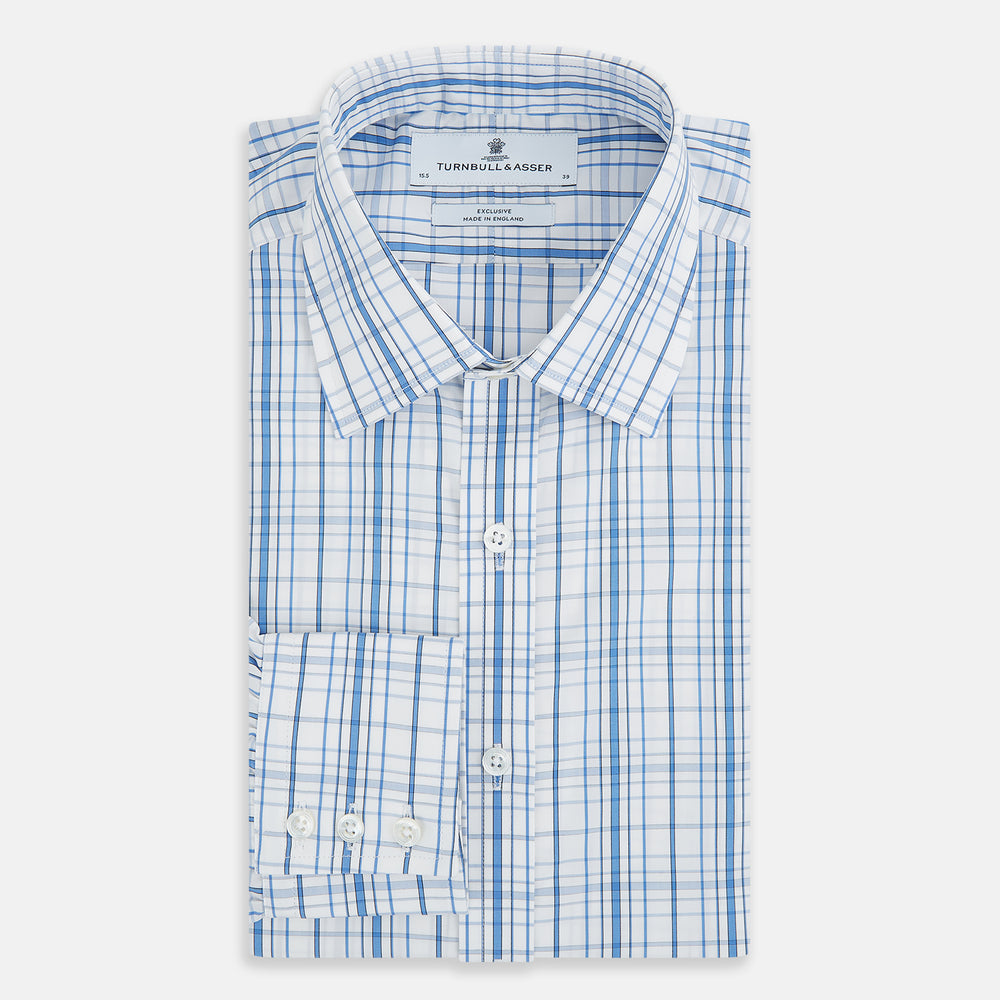 The Turnbull & Asser Blue Plaid Check Mayfair Shirt is a long-sleeve, button-down shirt with a T&A collar and blue and white plaid pattern, shown on a white background.