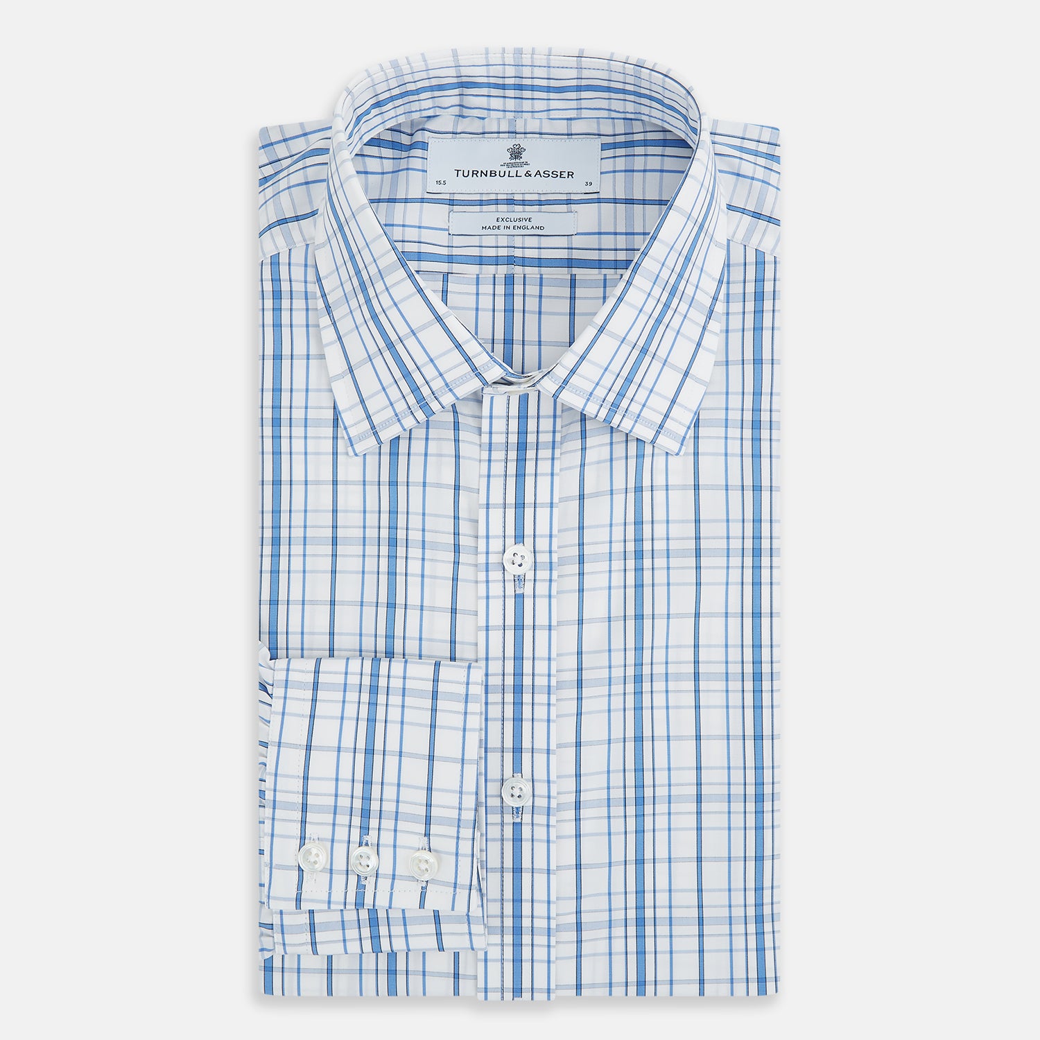 View 5 of product The Turnbull & Asser Blue Plaid Check Mayfair Shirt is a long-sleeve, button-down shirt with a T&A collar and blue and white plaid pattern, shown on a white background.