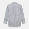 View 3 of product The Turnbull & Asser Grey Multi Stripe Mayfair Shirt features long sleeves, a classic collar, and thin vertical stripes in black and white, shown laid flat on a white background.