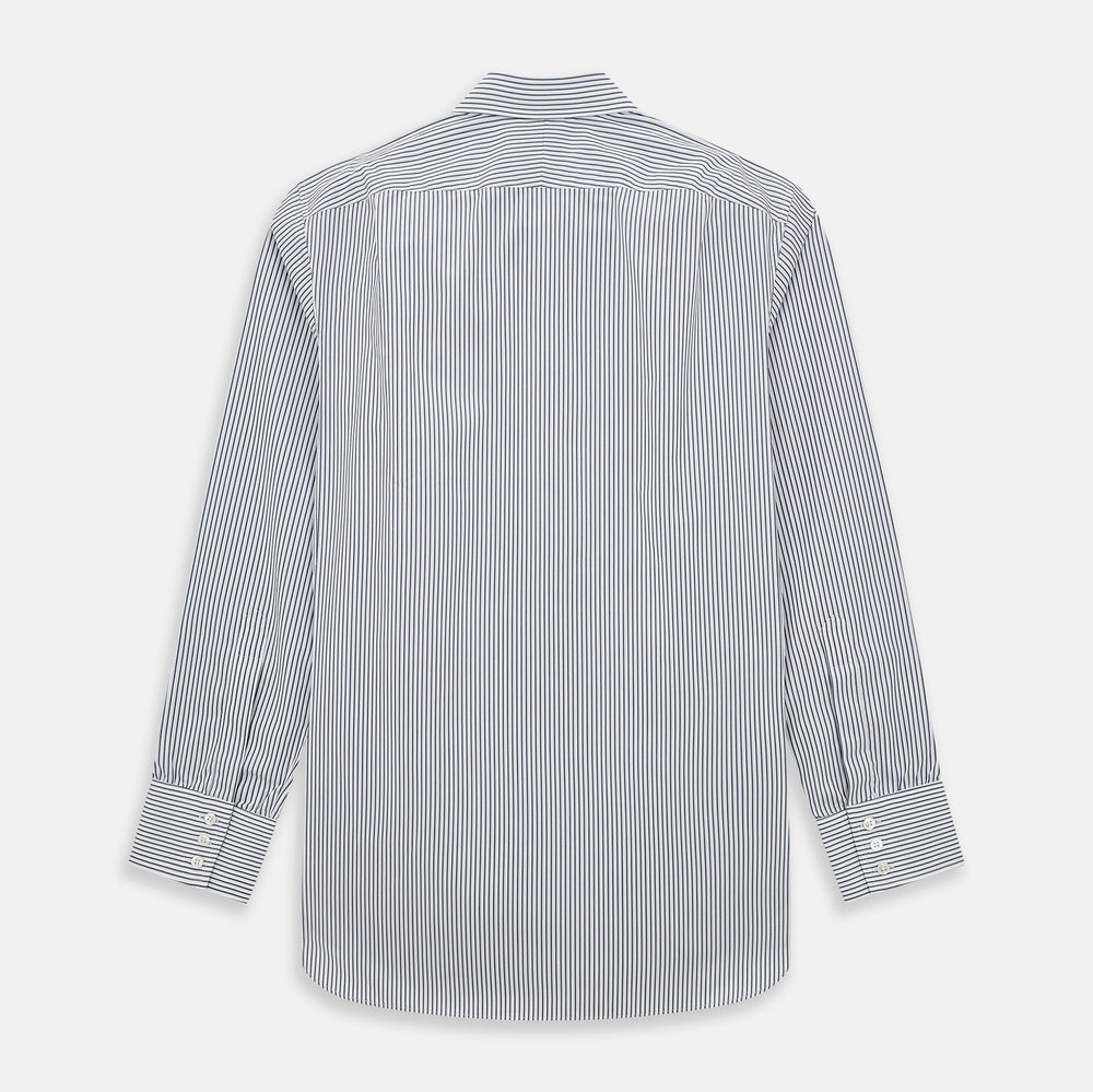The Turnbull & Asser Grey Multi Stripe Mayfair Shirt features long sleeves, a classic collar, and thin vertical stripes in black and white, shown laid flat on a white background.