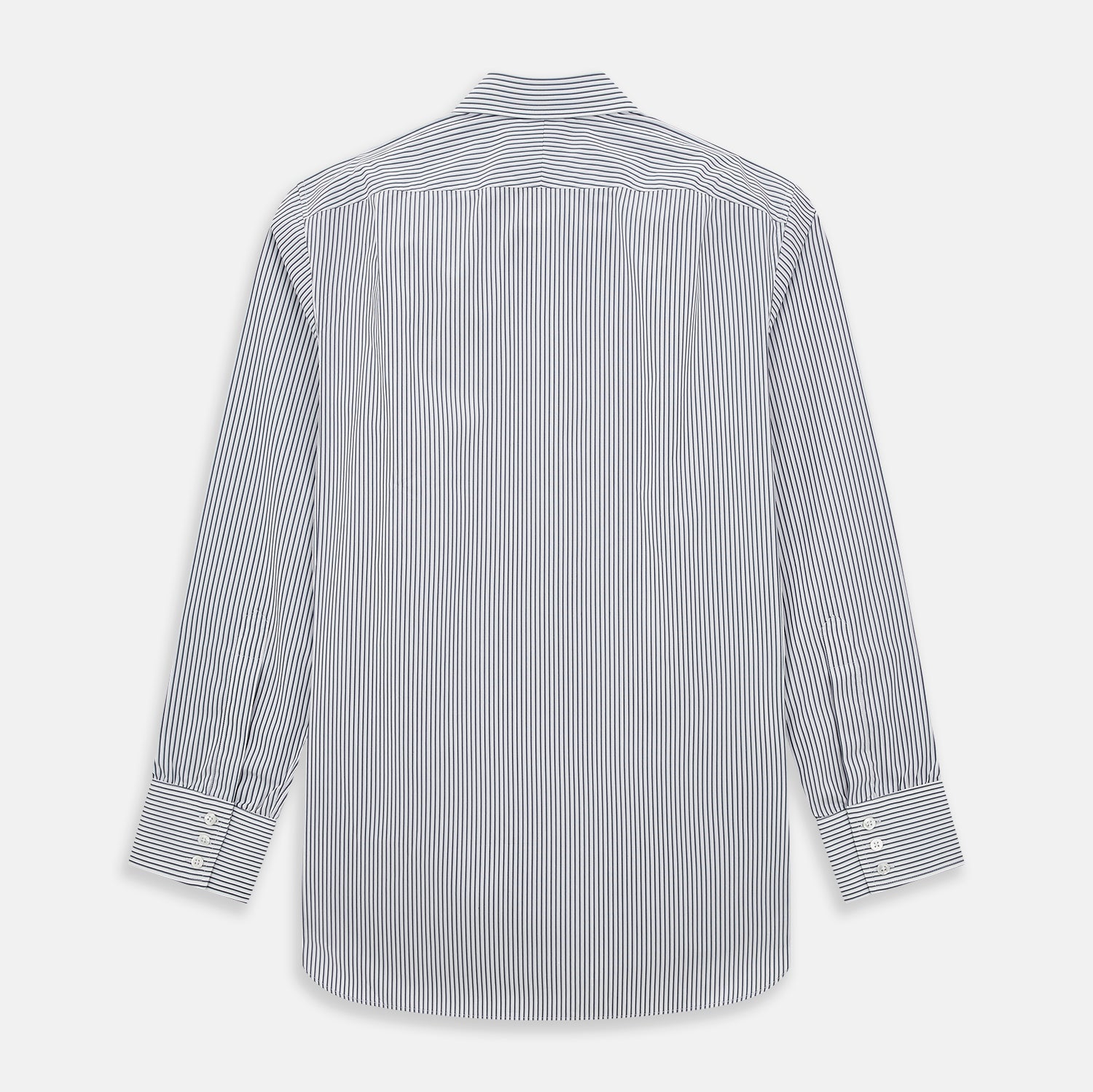 View 3 of product The Turnbull & Asser Grey Multi Stripe Mayfair Shirt features long sleeves, a classic collar, and thin vertical stripes in black and white, shown laid flat on a white background.