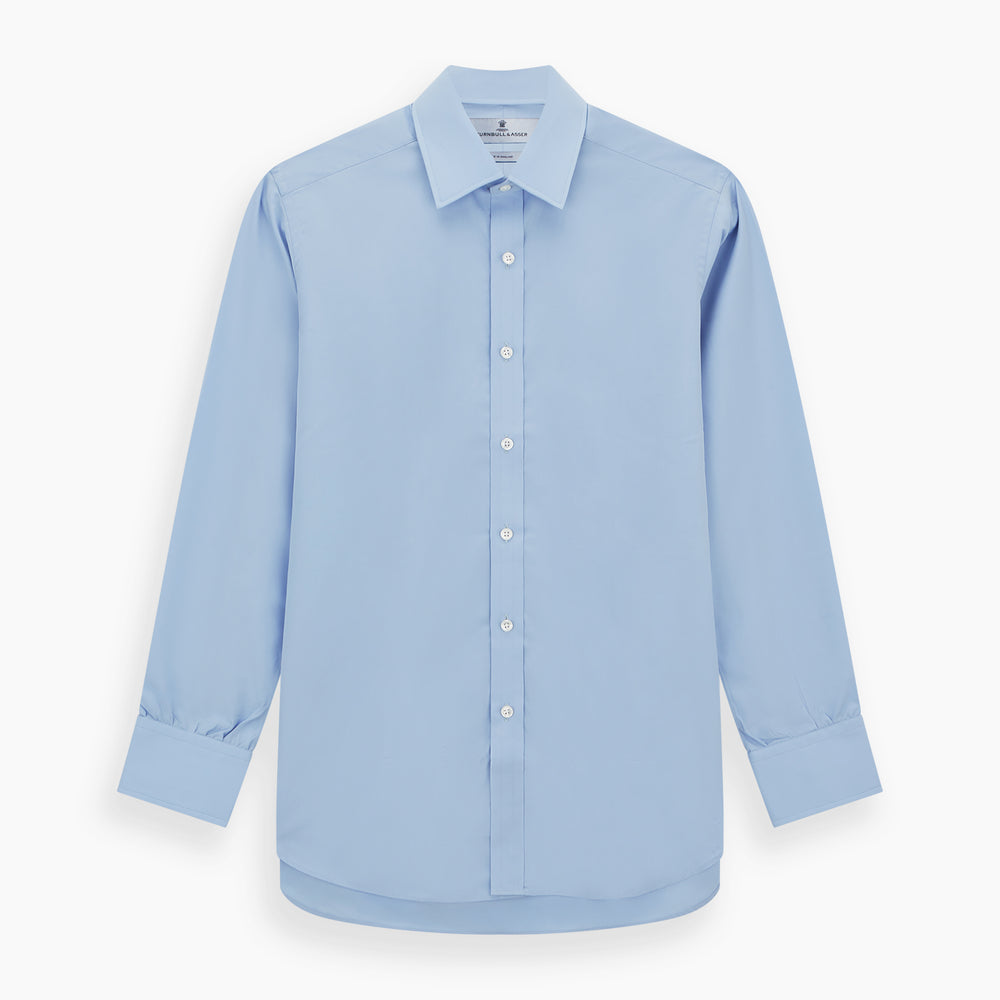 The Turnbull & Asser Blue Cotton Shirt features a T&A collar, 3-button cuffs, and white buttons—ideal for navy suits or smart looks. Laid flat on a white background.