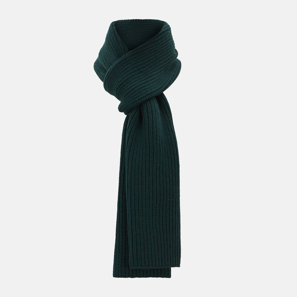 The Turnbull & Asser Forest Green Rib-Knit Cashmere Scarf is shown neatly looped and ribbed, set against a plain white background.